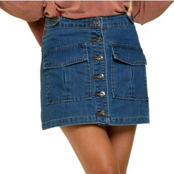 NWT POL Button Front Two Flap Pockets Denim Mini Jean Skirt - Picture 5 of 13